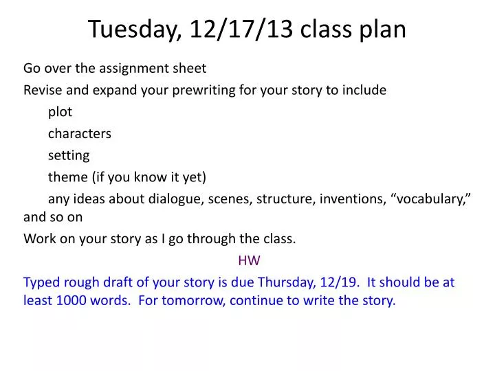 tues day 12 17 13 class plan
