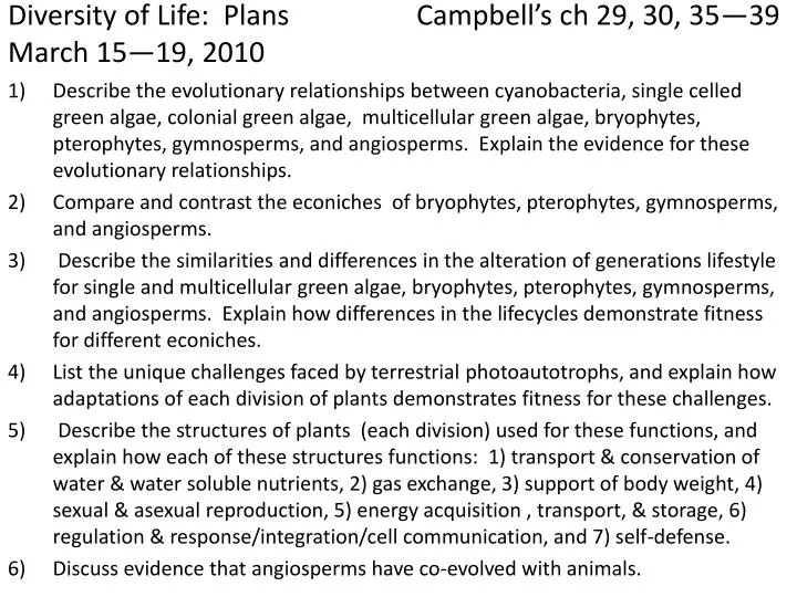 diversity of life plans campbell s ch 29 30 35 39 march 15 19 2010