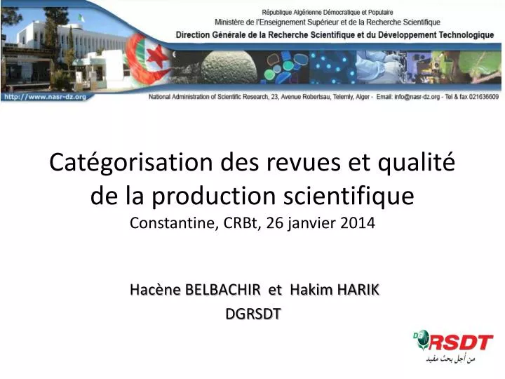 cat gorisation des revues et qualit de la production scientifique constantine crbt 26 janvier 2014