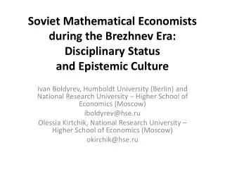 Soviet Mathematical Economists during the Brezhnev Era: Disciplinary Status and Epistemic Culture