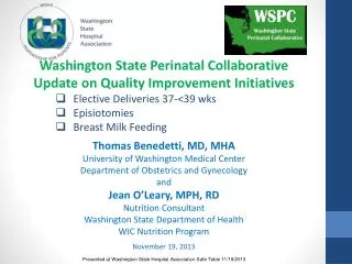 Washington State Perinatal Collaborative Update on Quality Improvement Initiatives