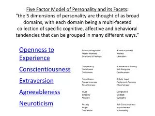 Openness to Experience Conscientiousness Extraversion Agreeableness Neuroticism