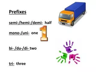 Prefixes s emi-/hemi-/demi- half m ono-/ uni - one bi- /du-/di- two tri- three