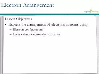Lesson Objectives Express the arrangement of electrons in atoms using E lectron configurations