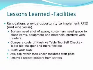 Lessons Learned -Facilities