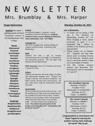 NEWSLETTER Mrs. Brumblay &amp; Mrs. Harper