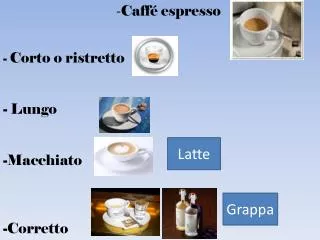 - Caffé espresso - Corto o ristretto - Lungo - Macchiato - Corretto