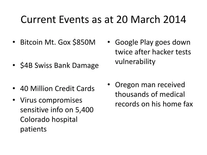 current events as at 20 march 2014