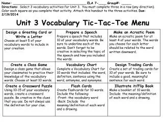 Unit 3 Vocabulary Tic-Tac-Toe Menu