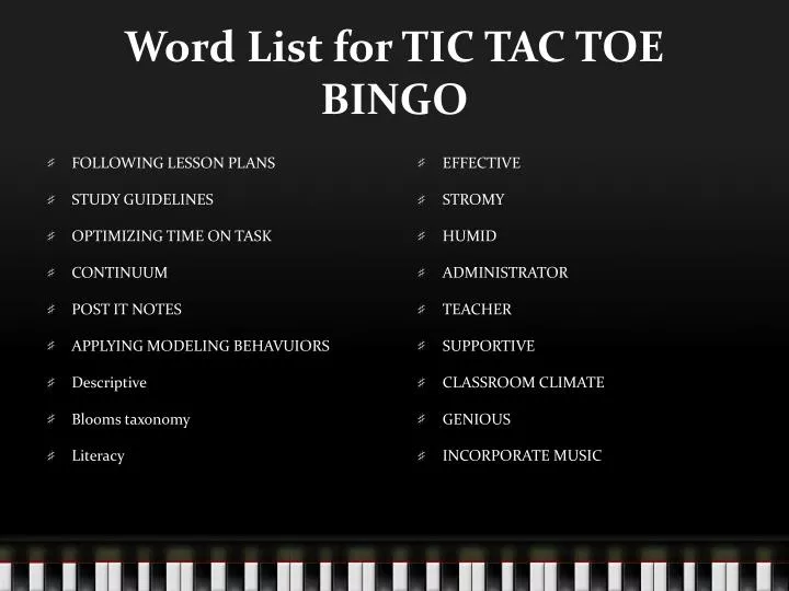 word list for tic tac toe bingo