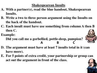Shakespearean Insults With a partner(s), read the blue handout, Shakespearean Insults.