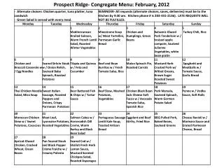 Prospect Ridge- Congregate Menu: February, 2012