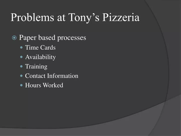 problems at tony s pizzeria