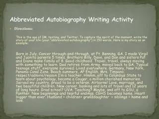Abbreviated Autobiography Writing Activity