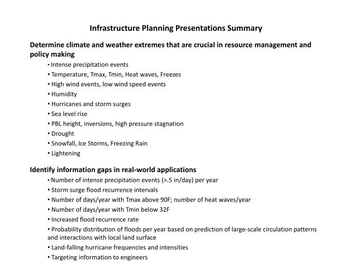 infrastructure planning presentations summary