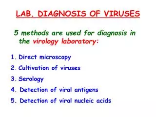 LAB. DIAGNOSIS OF VIRUSES 5 methods are used for diagnosis in the virology laboratory: