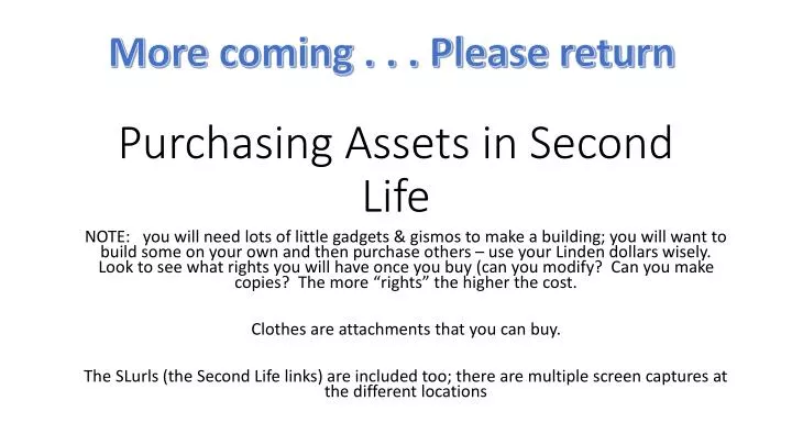 purchasing assets in second life