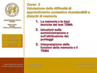 corso 3 valutazione delle difficolt di apprendimento scolastico riconducibili a disturbi di memoria