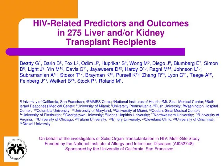hiv related predictors and outcomes in 275 liver and or kidney transplant recipients