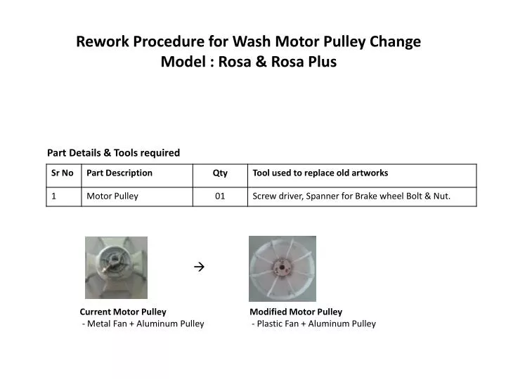 rework procedure for wash motor pulley change model rosa rosa plus