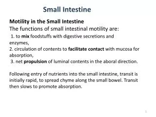 Motility in the Small Intestine The functions of small intestinal motility are: