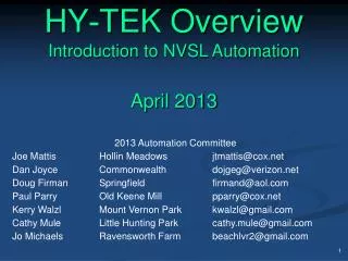 HY - TEK Overview Introduction to NVSL Automation April 2013