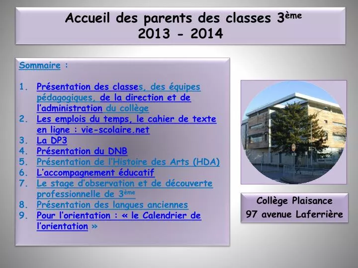 accueil des parents des classes 3 me 2013 2014