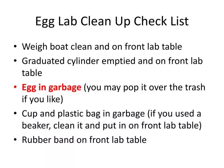 egg lab clean up check list