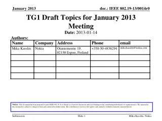 TG1 Draft Topics for January 2013 Meeting