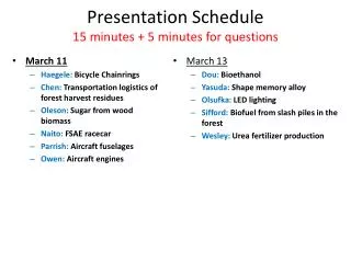 Presentation Schedule 15 minutes + 5 minutes for questions