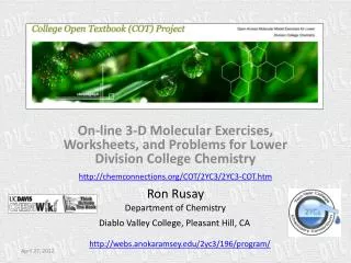 On-line 3-D Molecular Exercises, Worksheets, and Problems for Lower Division College Chemistry