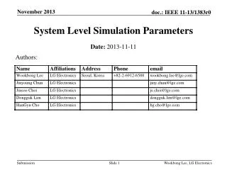 System Level Simulation Parameters