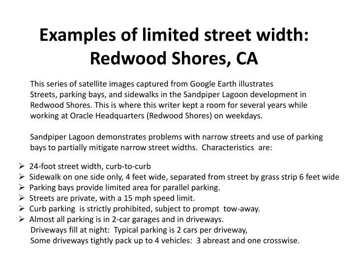examples of limited street width redwood shores ca
