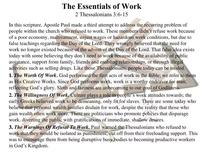 the essentials of work 2 thessalonians 3 6 15