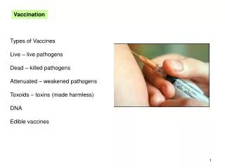 Types of Vaccines	 Live – live pathogens Dead – killed pathogens Attenuated – weakened pathogens
