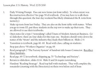 Lesson plan. U.S. History. Wed. 12/15/2010
