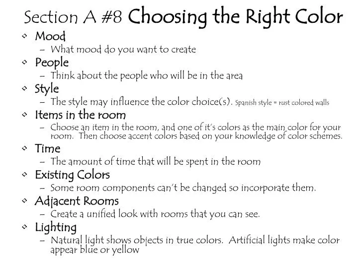 section a 8 choosing the right color
