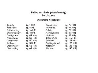 Bobby vs. Girls (Accidentally) by Lisa Yee Challenging Vocabulary