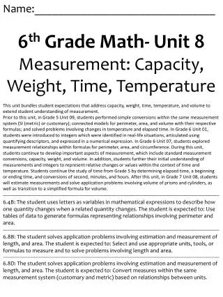 Name:_______________________________ 6 th Grade Math- Unit 8