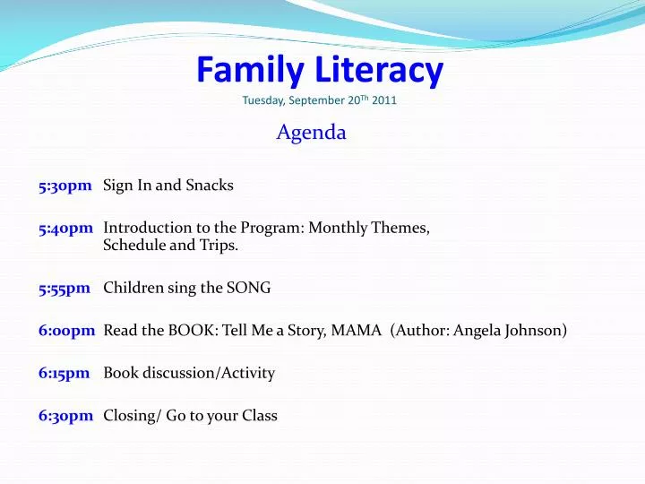 family literacy tuesday september 20 th 2011