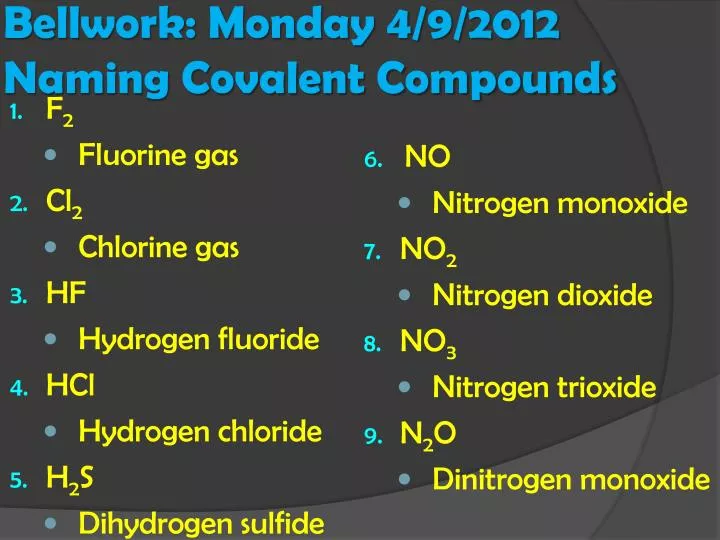 bellwork monday 4 9 2012 naming covalent compounds