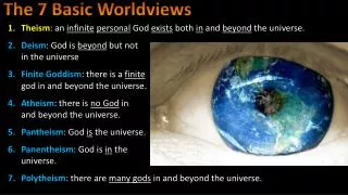 Theism : an infinite personal God exists both in and beyond the universe.