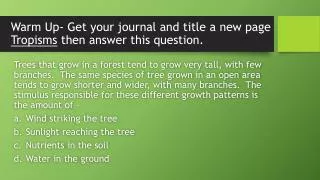 Warm Up- Get your journal and title a new page Tropisms then answer this question.
