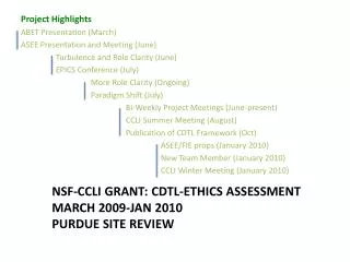 NSF-CCLI Grant: CDTL-Ethics Assessment March 2009-Jan 2010 Purdue Site Review