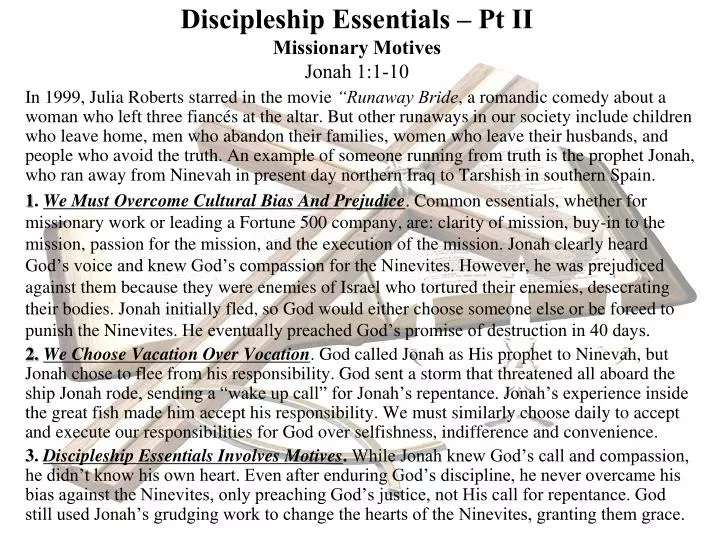discipleship essentials pt ii missionary motives jonah 1 1 10