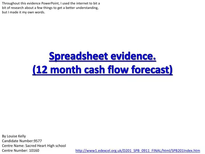 spreadsheet evidence 12 month cash flow forecast