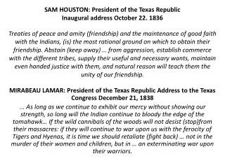 MIRABEAU LAMAR: President of the Texas Republic Address to the Texas Congress December 21, 1838