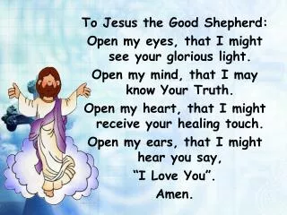 To Jesus the Good Shepherd: Open my eyes, that I might see your glorious light.