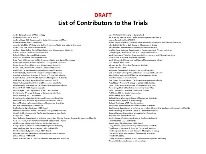 draft list of contributors to the trials