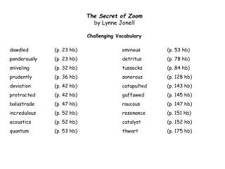 The Secret of Zoom by Lynne Jonell Challenging Vocabulary